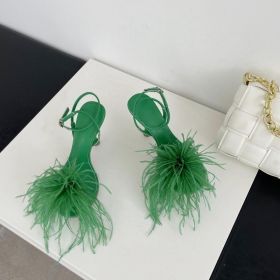 Baldauren Women Sandals High Heels Open Toe Stiletto Feather Buckle Dress Shoes Big Size Party Shoes Sadalias (Color: Green, size: 8)