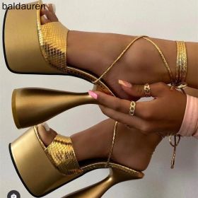 Baldauren Women Sandals High Heels Open Toe Lace Up Ankle Strap Plarform Party Shoes Big Size 42 White Wedding Shoes Pumps (Color: Gold, size: 5)