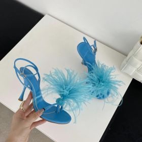 Baldauren Women Sandals High Heels Open Toe Stiletto Feather Buckle Dress Shoes Big Size Party Shoes Sadalias (Color: Blue, size: 8)