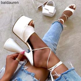 Baldauren Women Sandals High Heels Open Toe Lace Up Ankle Strap Plarform Party Shoes Big Size 42 White Wedding Shoes Pumps (Color: White, size: 5)