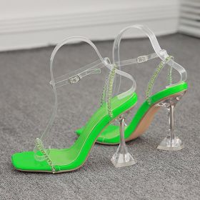 Balduaren New Fashion Sandals Crystal Square Toe Diamond Transparent PVC Rhinestone High Heel Women Sandals Plus Size Shoe (Color: Green, size: 9)