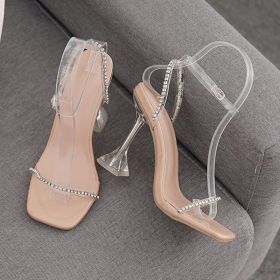 Balduaren New Fashion Sandals Crystal Square Toe Diamond Transparent PVC Rhinestone High Heel Women Sandals Plus Size Shoe (Color: apricpt, size: 8.5)
