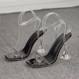 Balduaren New Fashion Sandals Crystal Square Toe Diamond Transparent PVC Rhinestone High Heel Women Sandals Plus Size Shoe (Color: Black, size: 10)