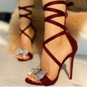 Glitter Rhinestones Women Pumps Crystal Bowknot Summer Lady Shoes Open Toe High Heels Party Prom Shoes (Color: Burgundy, size: 39)