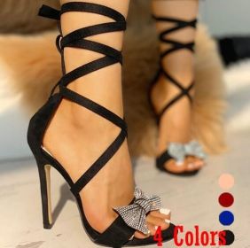 Glitter Rhinestones Women Pumps Crystal Bowknot Summer Lady Shoes Open Toe High Heels Party Prom Shoes (Color: Black, size: 43)