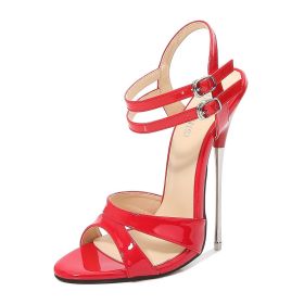 Dual Ankle Buckles Summer Women Sexy 16cm Extremely High Heel Sandals Ladies Chic Stiletto Pumps Club Party Shoes 35-46 (Color: Red, size: 43)