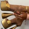 Baldauren Women Sandals High Heels Open Toe Lace Up Ankle Strap Plarform Party Shoes Big Size 42 White Wedding Shoes Pumps
